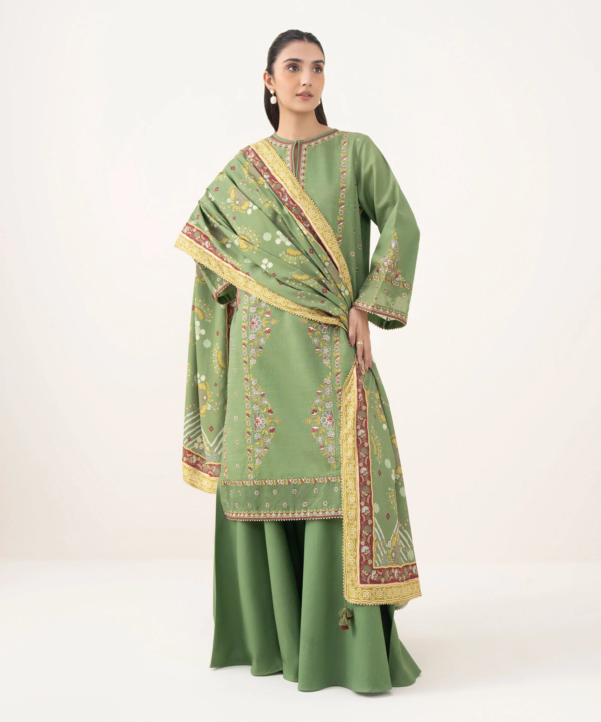 Exquisite 3-Piece Embroidered Khaddar Suit | Elegant Traditional Wear