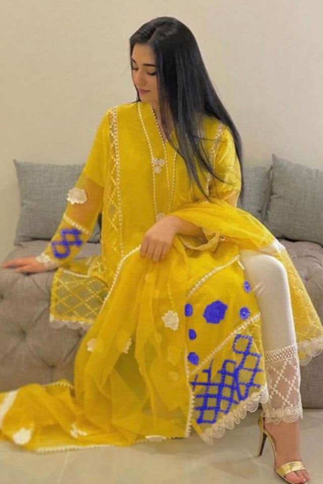 QALAMKAR | ORGANZA UNSTICH EMB | 3PC