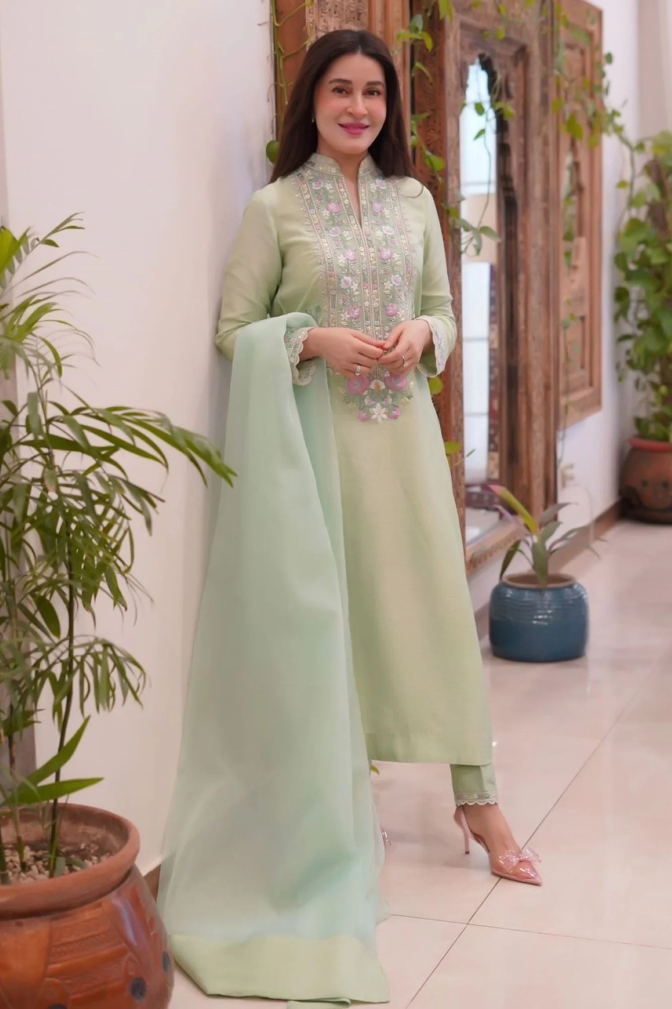 Mint Green Floral Embroidered 3-Piece Silk Suit (Unstitched)