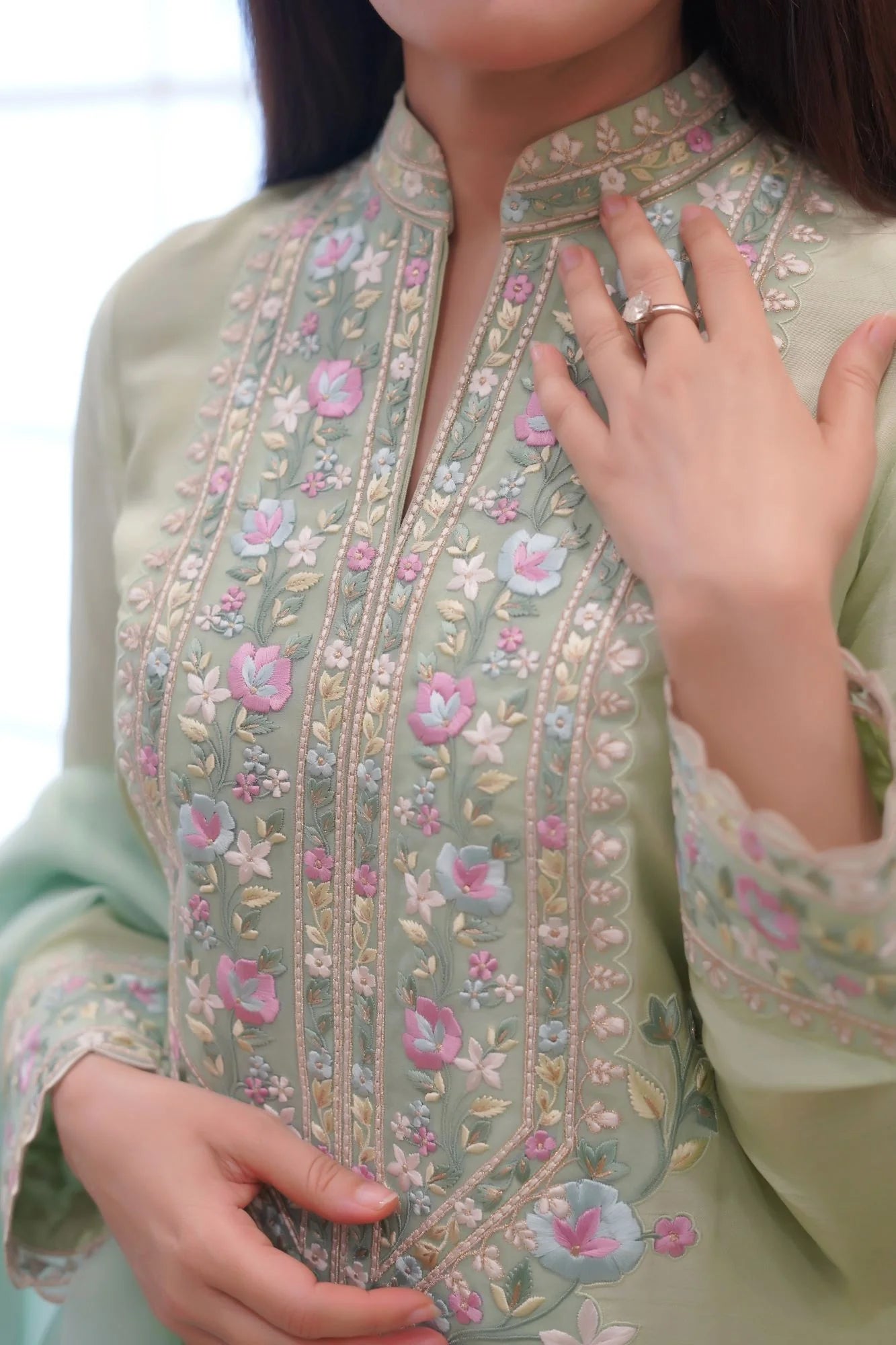 Mint Green Floral Embroidered 3-Piece Silk Suit (Unstitched)