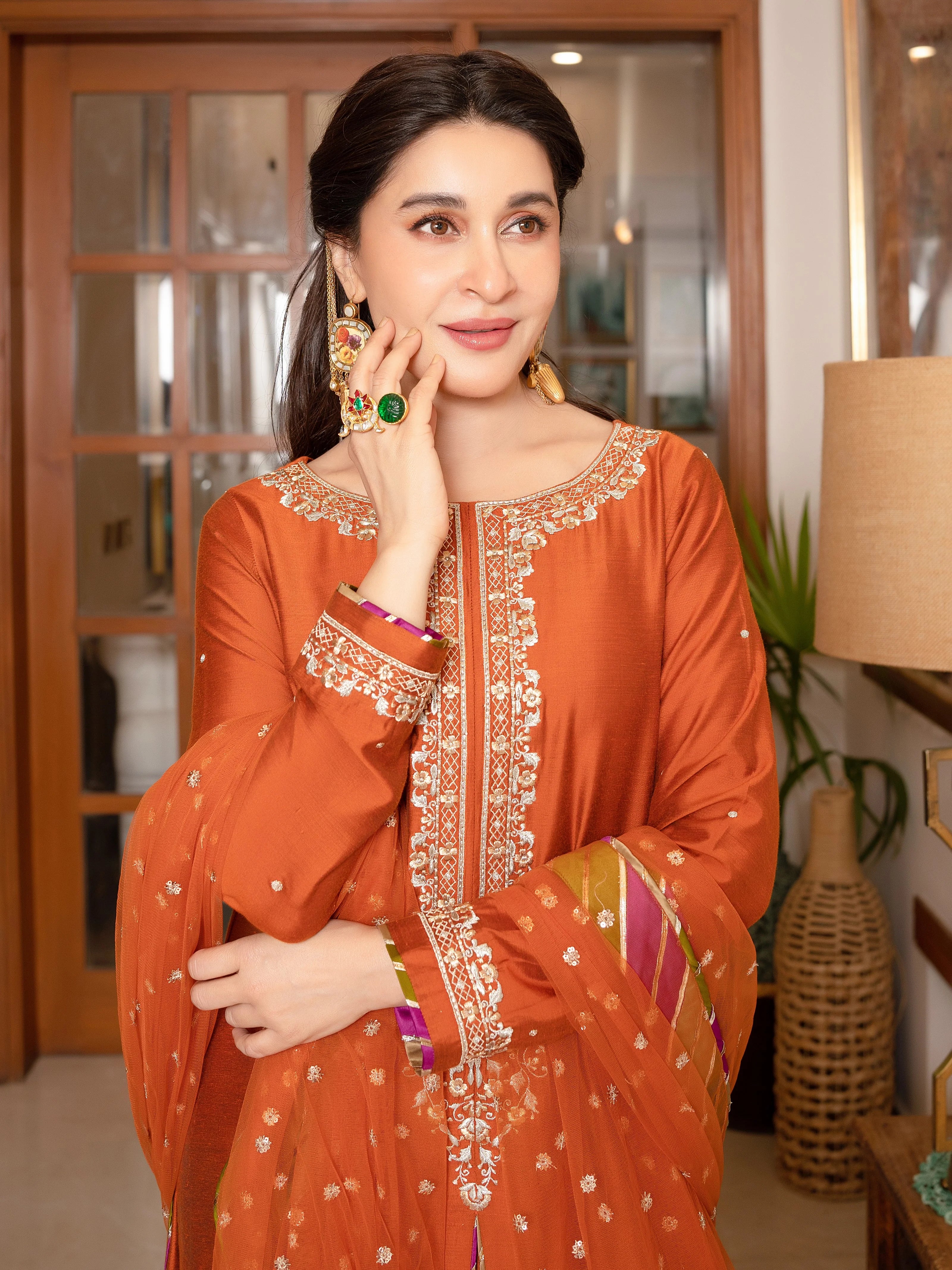 Sheen By Shaista Lodhi Rust Orange Silk Blend Unstitched Suit with Embroidered Neckline & Organza Dupatta