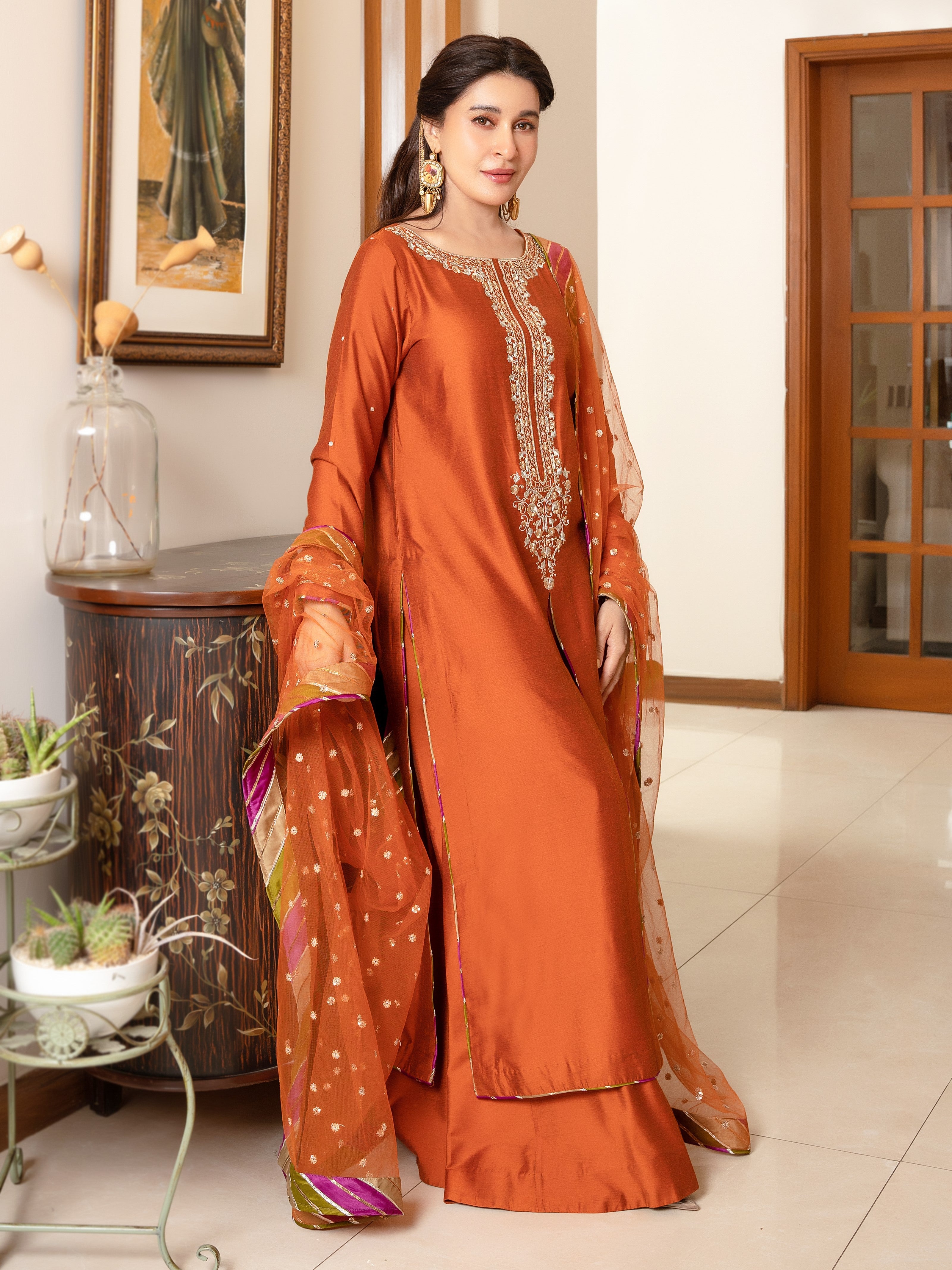 Sheen By Shaista Lodhi Rust Orange Silk Blend Unstitched Suit with Embroidered Neckline & Organza Dupatta