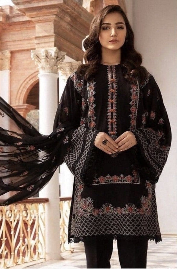 BAREEZE | LINEN UNSTITCHED EMB 3PC | CHIFFON EMBROIDERED DUPPATA