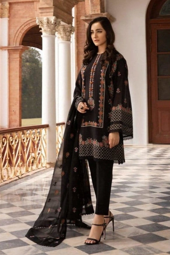 BAREEZE | LINEN UNSTITCHED EMB 3PC | CHIFFON EMBROIDERED DUPPATA